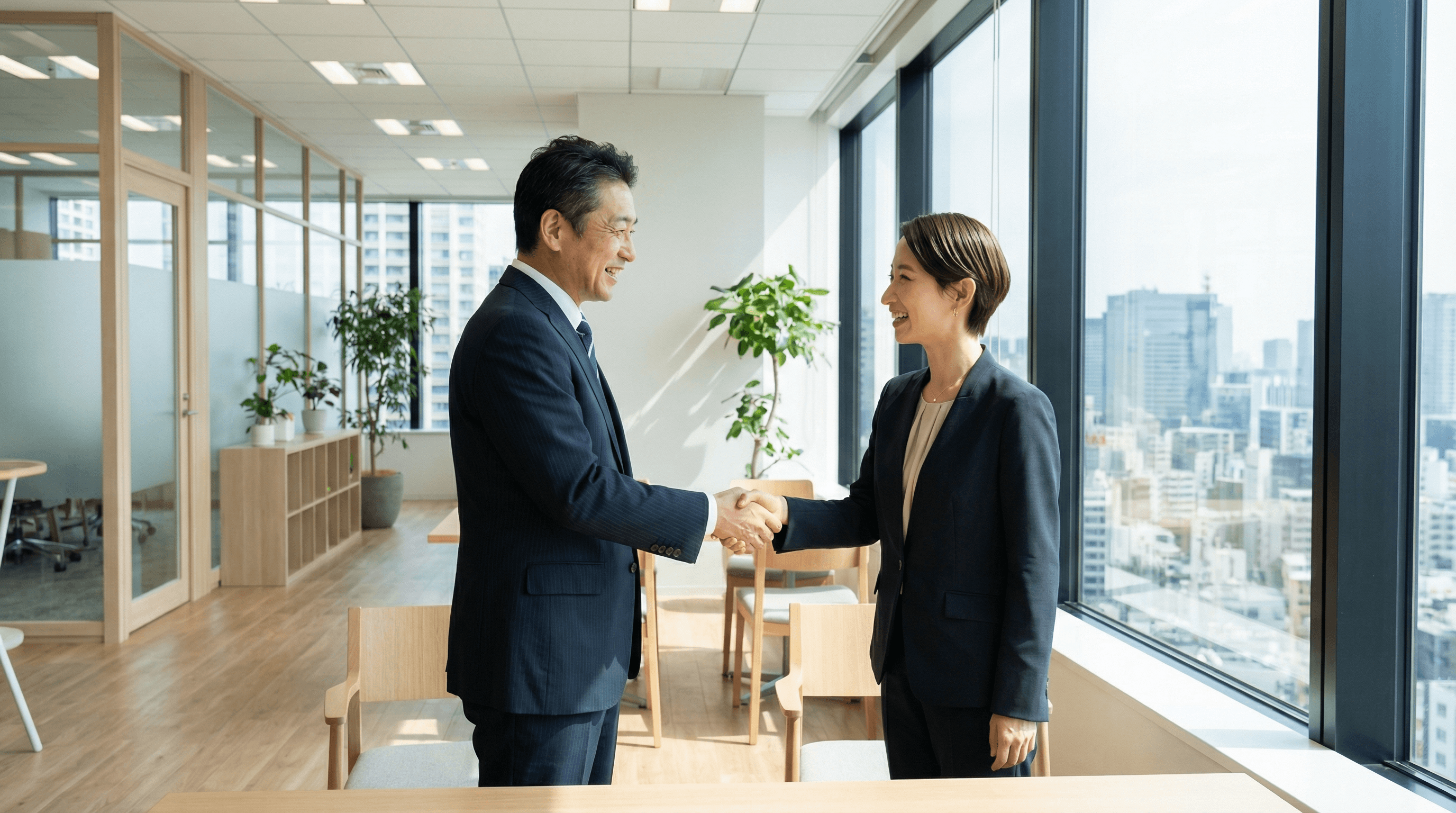 笑顔で握手する経営者と社員